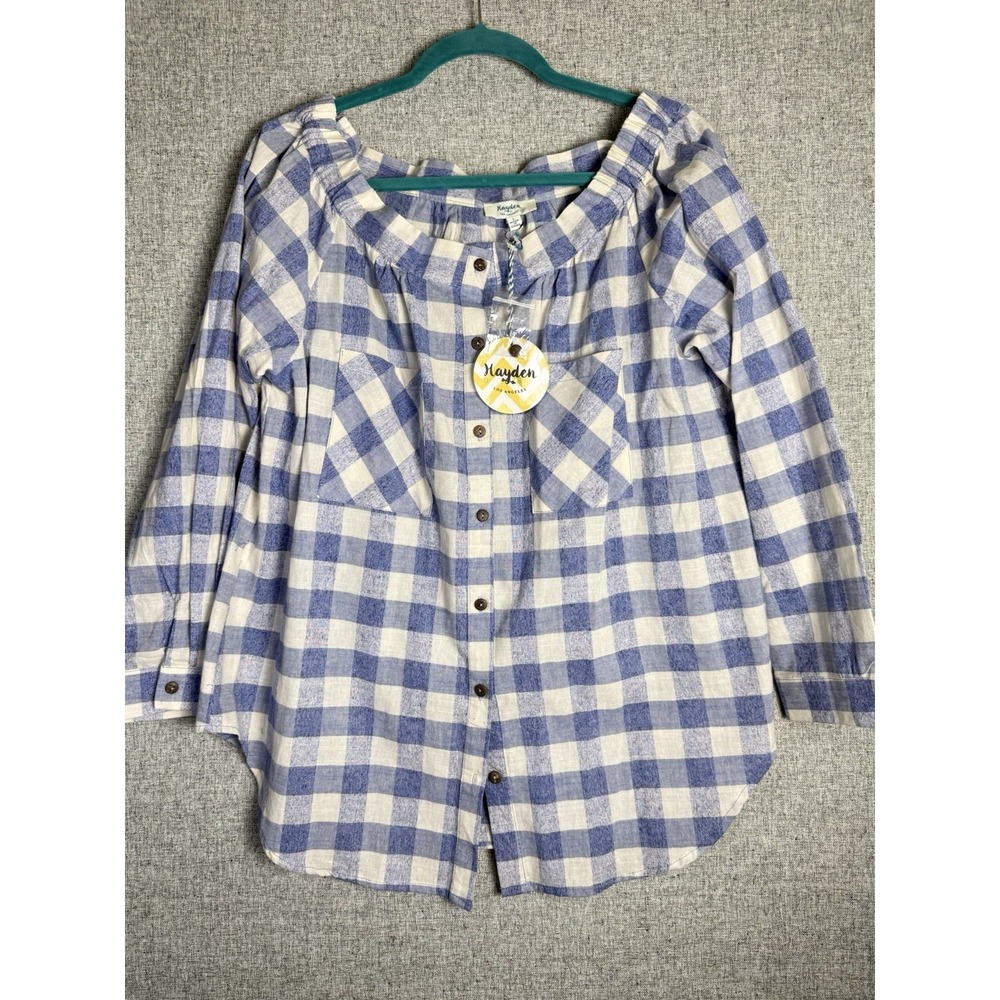 NWT Hayden LA Blue White Plaid Gingham Off Cold Shoulder Button Down Shirt LARGE